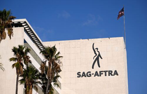 The SAG-AFTRA logo is displayed outside of the National Headquarters on Wilshire Blvd. The union will once again be going on strike