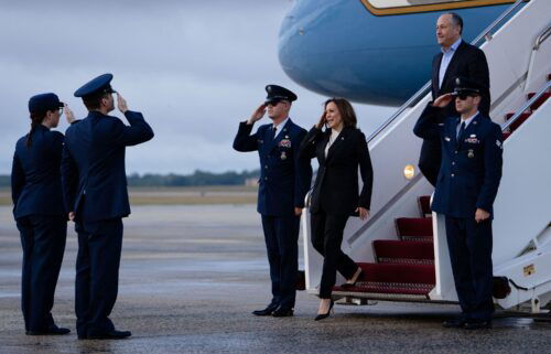 Kamala Harris  and second gentleman Douglas Emhoff descend from Air Force Two at Joint Base Andrews in Maryland on July 22.
