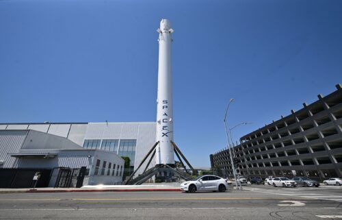 A Falcon 9 first-stage booster is seen on display at SpaceX headquarters in Hawthorne