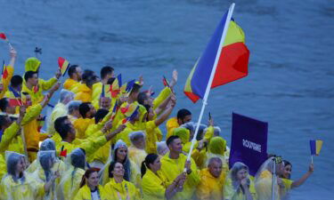 The delegation of Romania on a boat on the Seine River during the opening ceremony of the Paris 2024 Olympics Games on July 26.