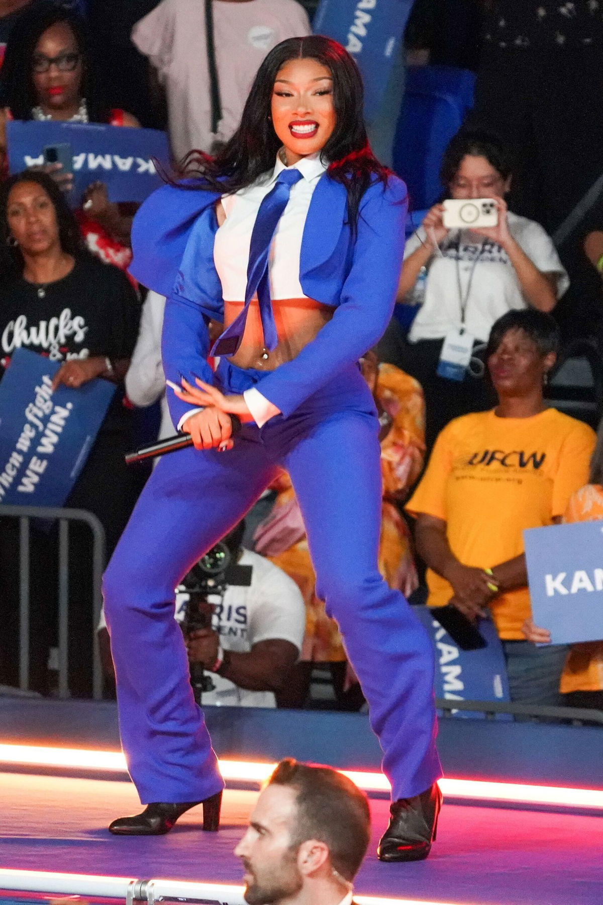 <i>Julia Beverly/Getty Images via CNN Newsource</i><br/>Megan Thee Stallion's midriff-bearing blue suit was designed by Abdul Sall.