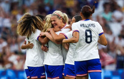 US players celebrate Korbin Albert's goal against Australia.