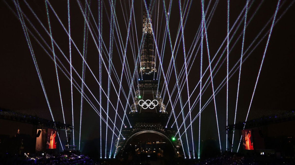 Eiffel Tower illuminates during Opening Ceremony