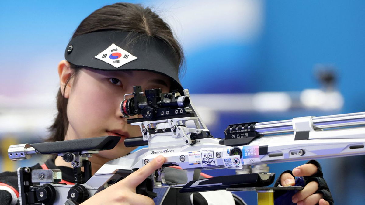 South Korea's Ban Hyo-jin prepares to take a shot in an Olympic shooting event.