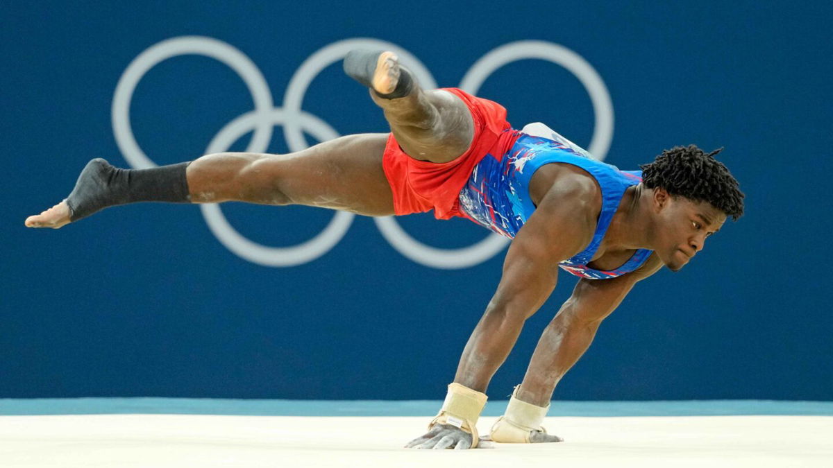 USA gymnast Frederick Richards performs on the floor exercise during the Paris 2024 Olympic Summer Games at Bercy Arena.