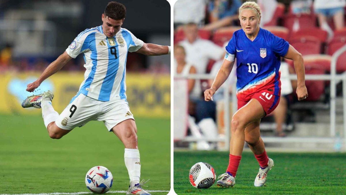 Photos of Julian Alvarez and Lindsey Horan during two separate matches.