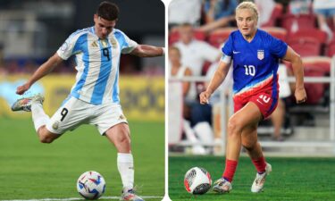 Photos of Julian Alvarez and Lindsey Horan during two separate matches.