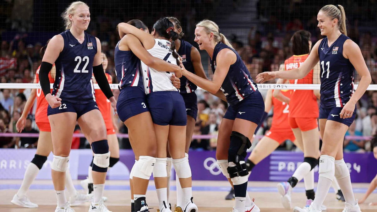 Team United States celebrates winning the first set during the Women's Preliminary Round - Pool A match between the United States and China on day three of the Olympic Games Paris 2024 at Paris Arena on July 29