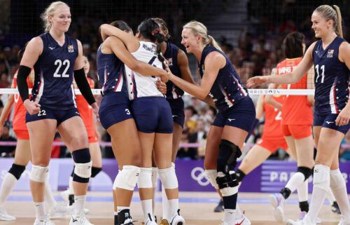 Team United States celebrates winning the first set during the Women's Preliminary Round - Pool A match between the United States and China on day three of the Olympic Games Paris 2024 at Paris Arena on July 29