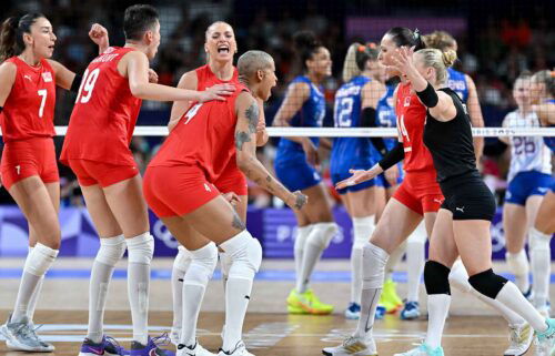 Players of Turkiye celebrate after a score during the women's preliminary round volleyball match between Turkiye and the Netherlands during the Paris 2024 Olympic Games at the South Paris Arena 1 in Paris on July 29