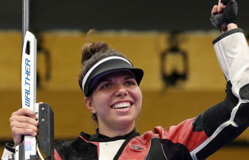 Switzerland's Chiara Leone wins the women's 50m rifle 3 positions final