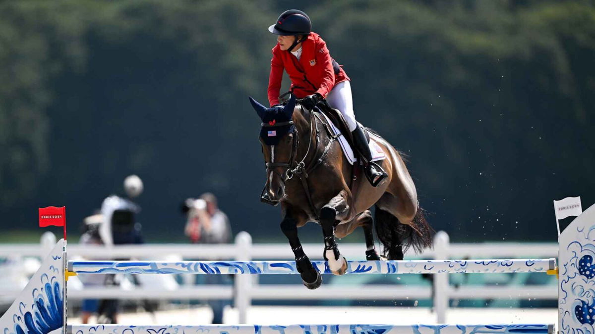 Laura Kraut of Team USA riding Baloutinue during the jumping team qualifier at the Château de Versailles during the 2024 Paris Summer Olympic Games in Paris