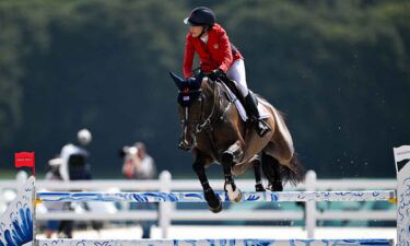Laura Kraut of Team USA riding Baloutinue during the jumping team qualifier at the Château de Versailles during the 2024 Paris Summer Olympic Games in Paris