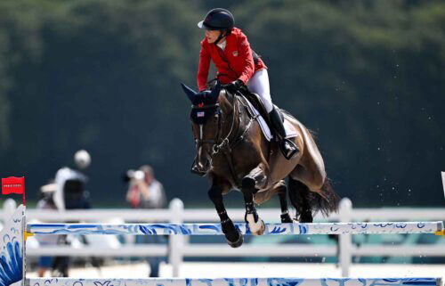 Laura Kraut of Team USA riding Baloutinue during the jumping team qualifier at the Château de Versailles during the 2024 Paris Summer Olympic Games in Paris