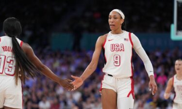 A'ja Wilson high-fives Jackie Young vs. Japan