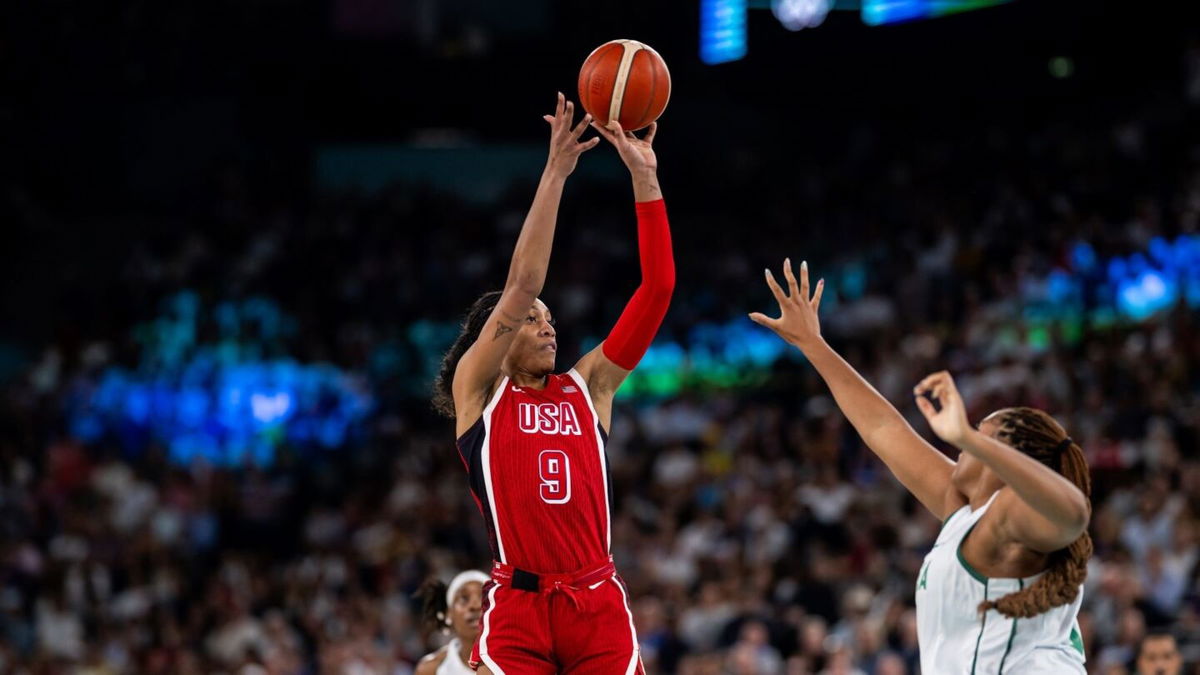 A'ja Wilson shoots against Nigeria