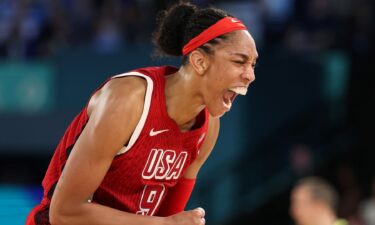 A'ja Wilson shouts after basket vs. France