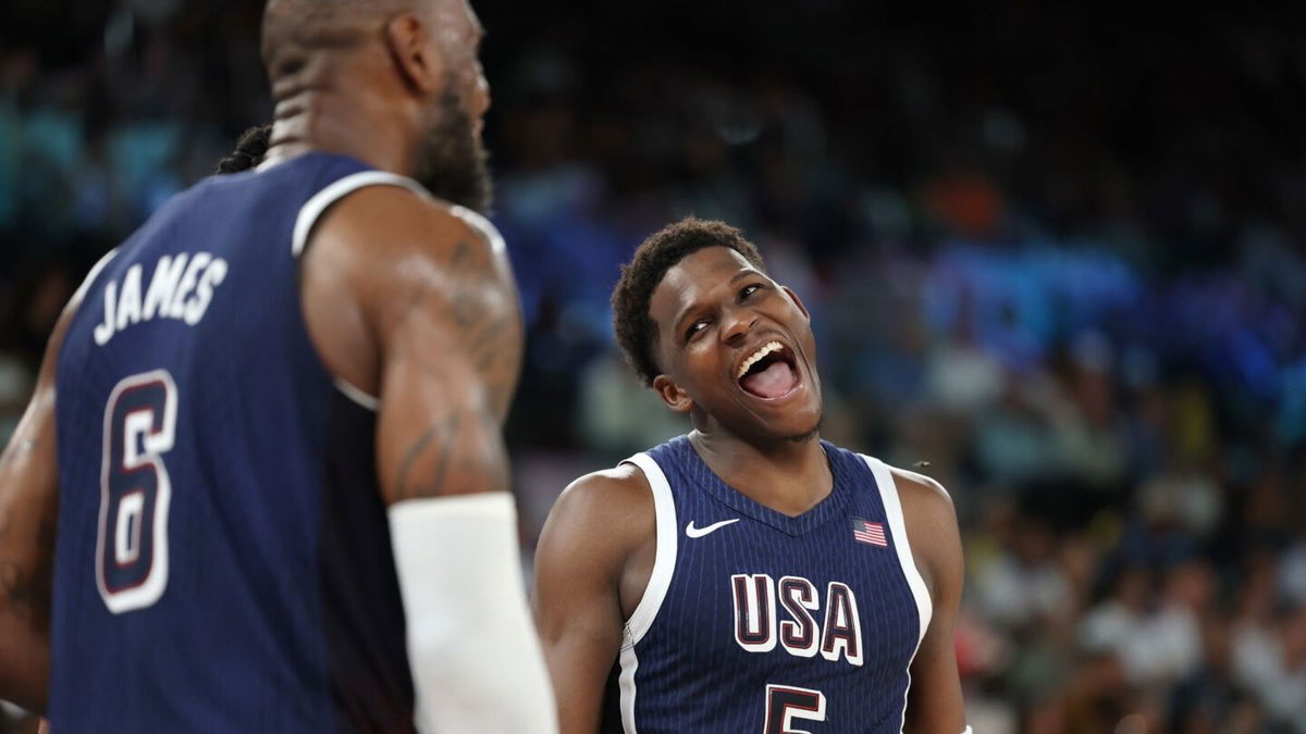 Anthony Edwards smiles at LeBron James during Brazil game