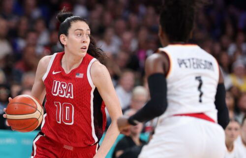 Breanna Stewart dribbles up court vs. Germany