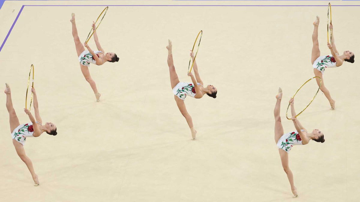 Team Bulgaria competes during the rhythmic gymnastics group all-around qualification at the 2024 Paris Olympics.