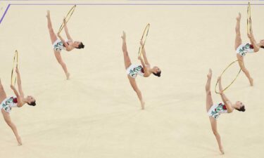 Team Bulgaria competes during the rhythmic gymnastics group all-around qualification at the 2024 Paris Olympics.