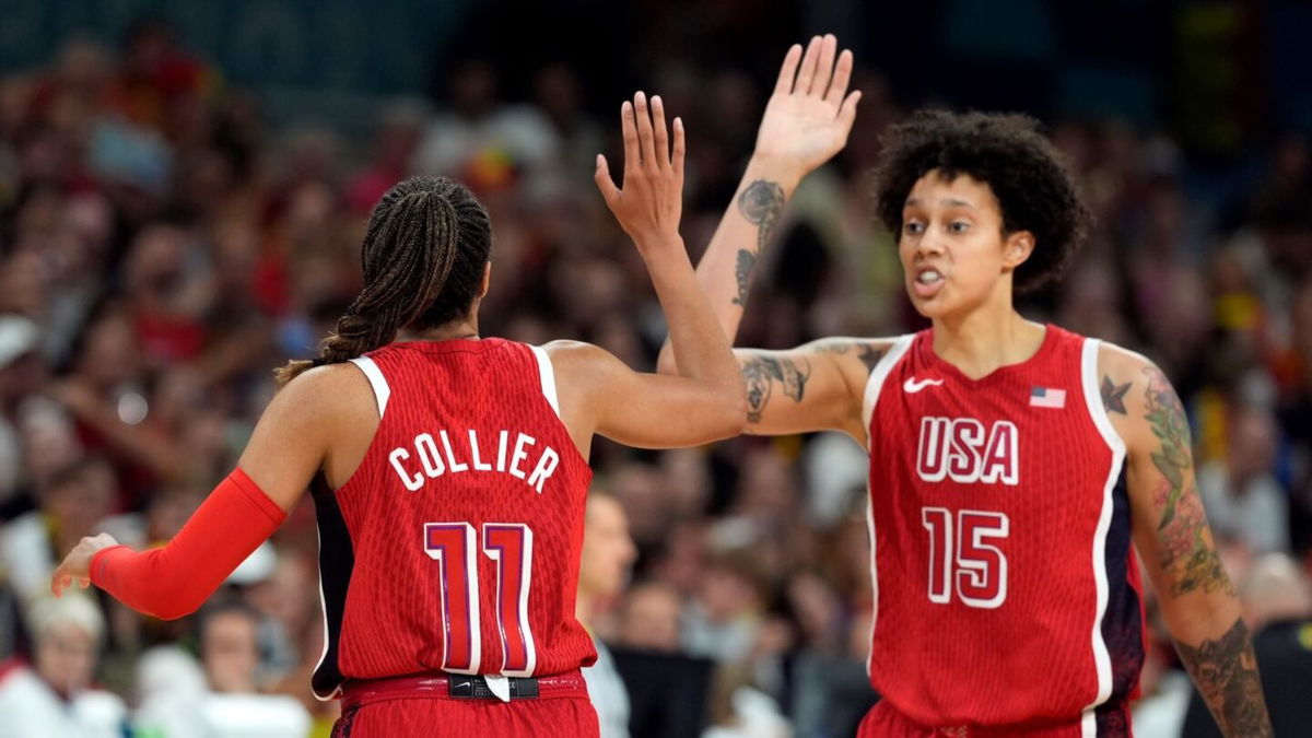 Napheesa Collier and Brittney Griner high-five vs. Belgium