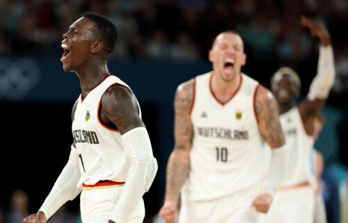 Dennis Schroder celebrates vs. Greece