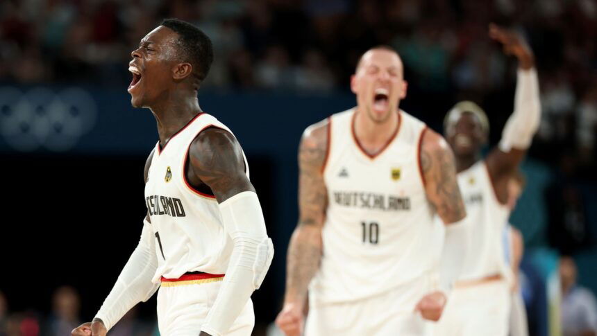 Dennis Schroder celebrates vs. Greece