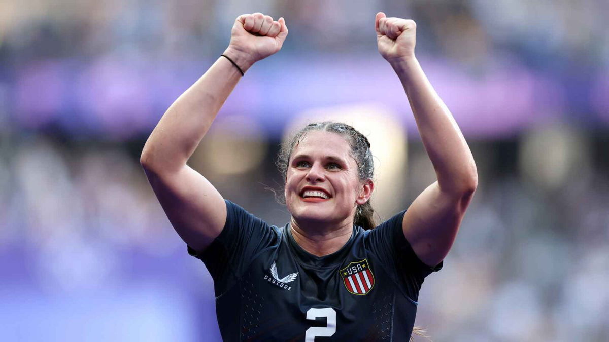 Ilona Maher celebrates the women's rugby bronze medal.