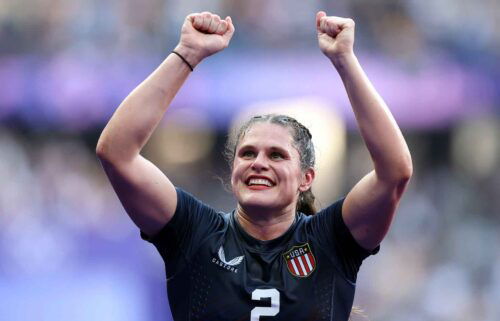 Ilona Maher celebrates the women's rugby bronze medal.