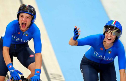 Italy celebrates the gold medal in women's Madison.