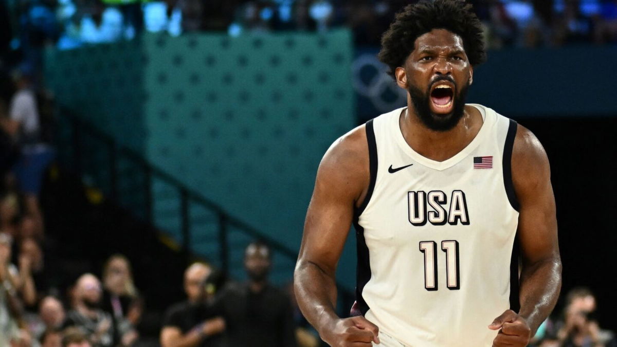 Joel Embiid celebrates U.S. win vs. Serbia