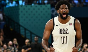 Joel Embiid celebrates U.S. win vs. Serbia