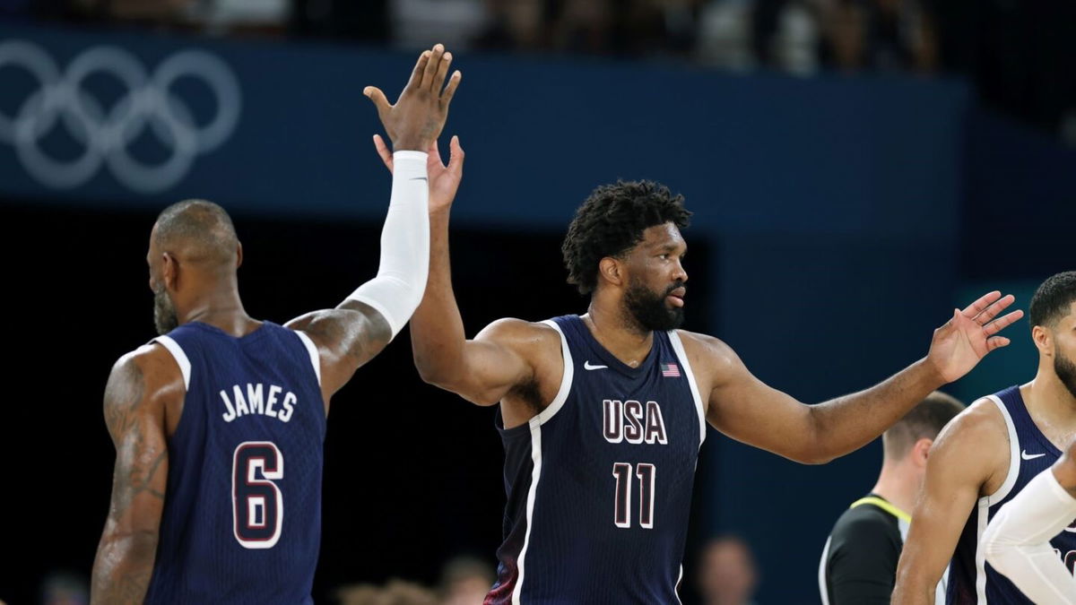 LeBron James and Joel Embiid high-five vs. Brazil