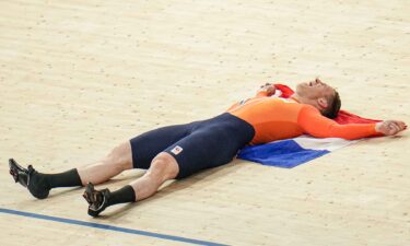 Harrie Lavreysen celebrates winning the men's keirin.