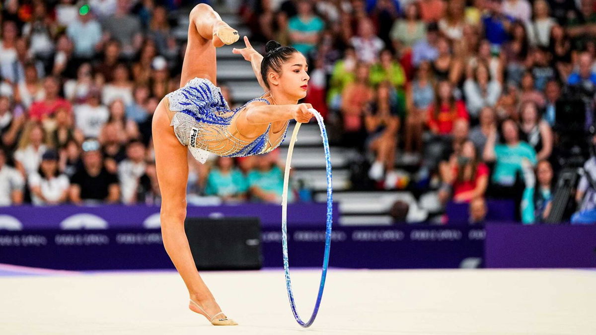 Sofia Raffaeli of Italy performs with the hoop during individual all-around qualification at the 2024 Paris Olympics.