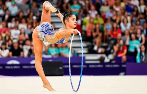 Sofia Raffaeli of Italy performs with the hoop during individual all-around qualification at the 2024 Paris Olympics.