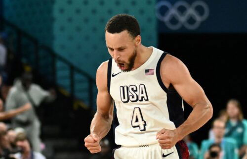 Steph Curry celebrates made 3 vs. Serbia