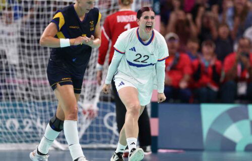 Tamara Horacek celebrates after scoring a goal.