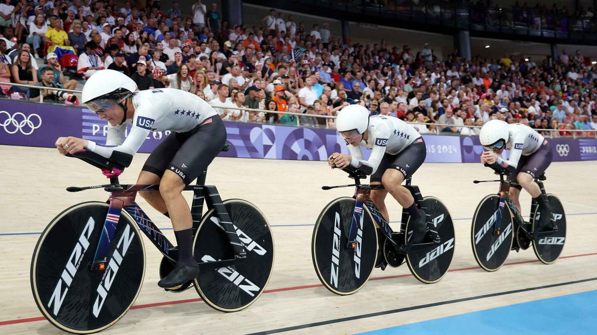 Chloe Dygert leads the U.S. women's team pursuit squad in the first round race.