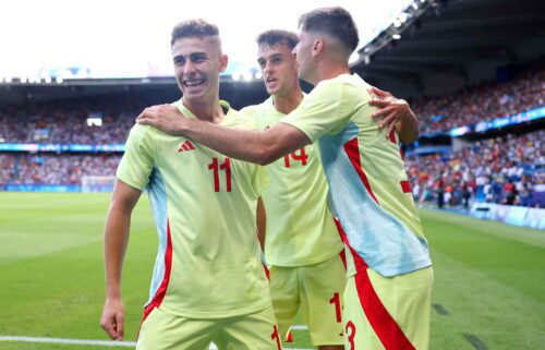 Spain players celebrates after scoring a goal