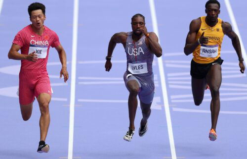 Noah Lyles of the United States competes in the first round of the men's 100m in the 2024 Paris Olympics.
