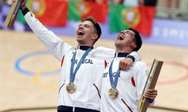 Portugal's Rui Oliveira and Iluri Leitao celebrate winning gold in the men's Madison.