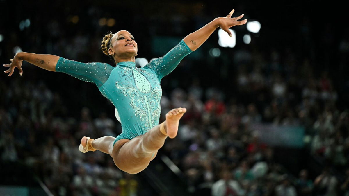 Brazil's Rebeca Andrade competes in the artistic gymnastics women's floor exercise final during the Paris 2024 Olympic Games at the Bercy Arena in Paris