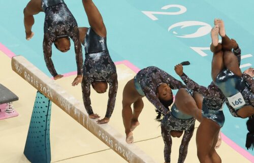 Simone Biles of the U.S. on beam at the 2024 Paris Olympics.