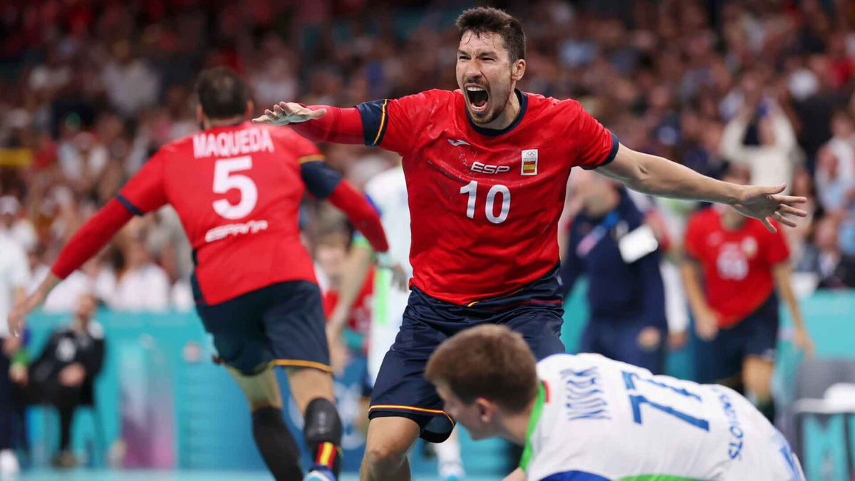 Spain handball player celebrates after a match.