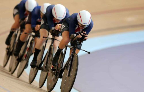 U.S. women compete in the women's pursuit during a 2024 Track Nations Cup race.