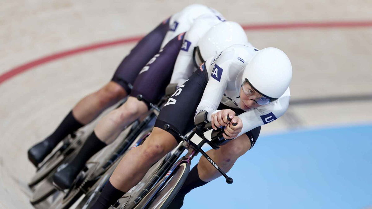 The U.S. women's team pursuit squad races at the 2024 Paris Games.