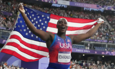 Annette Echikunwoke celebrates her silver medal in the women's hammer throw during the Paris Games at Stade de France.