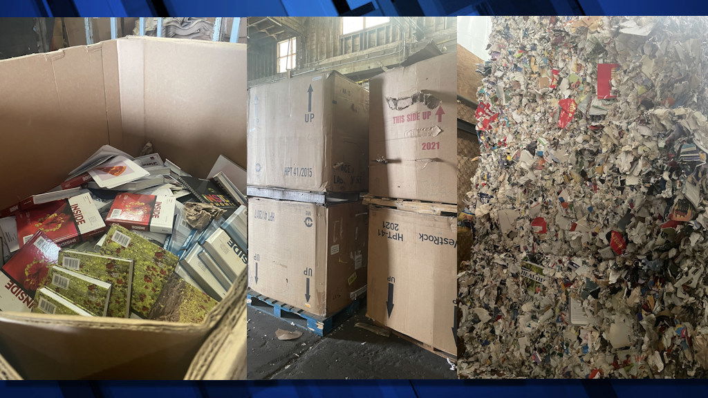 With no local reycling market for old hard-bound textbooks, Bend-La Pine Schools, Republic Services got them boxed and sent to waste-paper processor in Vancouver, Wash.